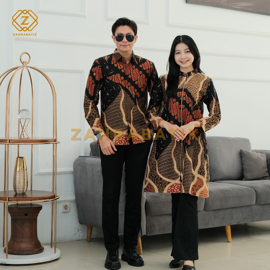 Batik Zahra-Batik Pria-Tunik Wanita-Batik Pasangan-Motif Rumeksa Warna Hitam Kombinasi Merah