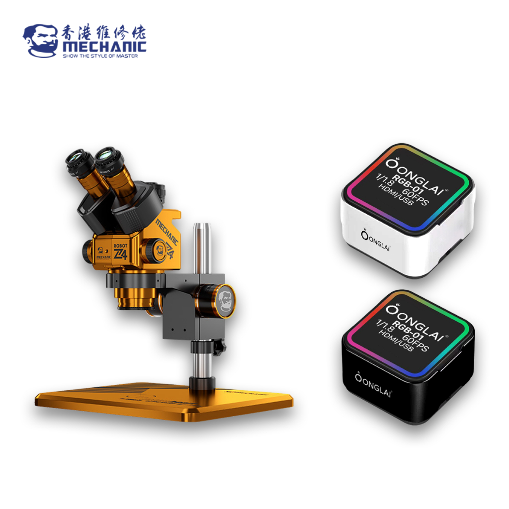 MICROSCOPE STEREO MECHANIC ROBOT Z4 TRINOCULAR + KAMERA MICROSCOPE ONGLAI RGB-01 BLACK / WHITE 1/1.8