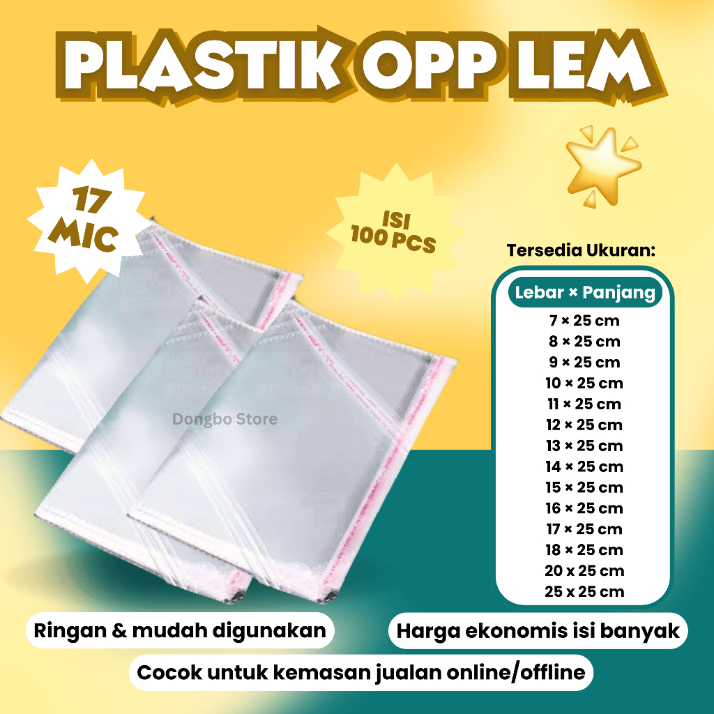 (Bisa Mix Ukuran Isi 100 pcs) Plastik OPP LEM 7X25; 8X25; 9X25; 10X25; 11X25; 12X25; 13X25; 14X25; 1