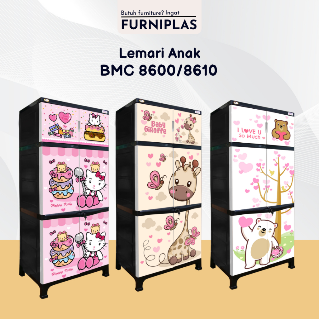 Furniplas WAPOLIN Lemari Plastik Pakaian Anak Perempuan Baju Cewek Susun 3 Motif Gambar Hello Kitty 
