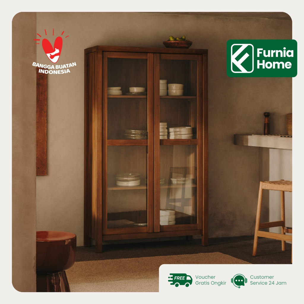 Lemari Kaca Kayu Jati 4 Susun Finishing Custom Cabinet Minimalis