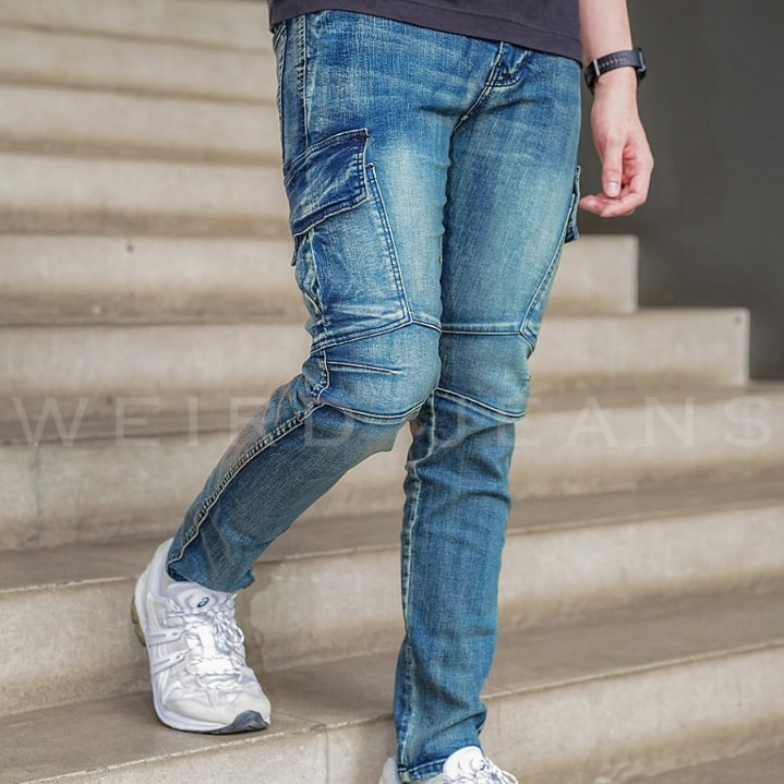 Weird Jeans  - Cargo Rudolf Blue  - Celana Jeans Cargo Panjang Pria Slim Fit Strech Warna Polos