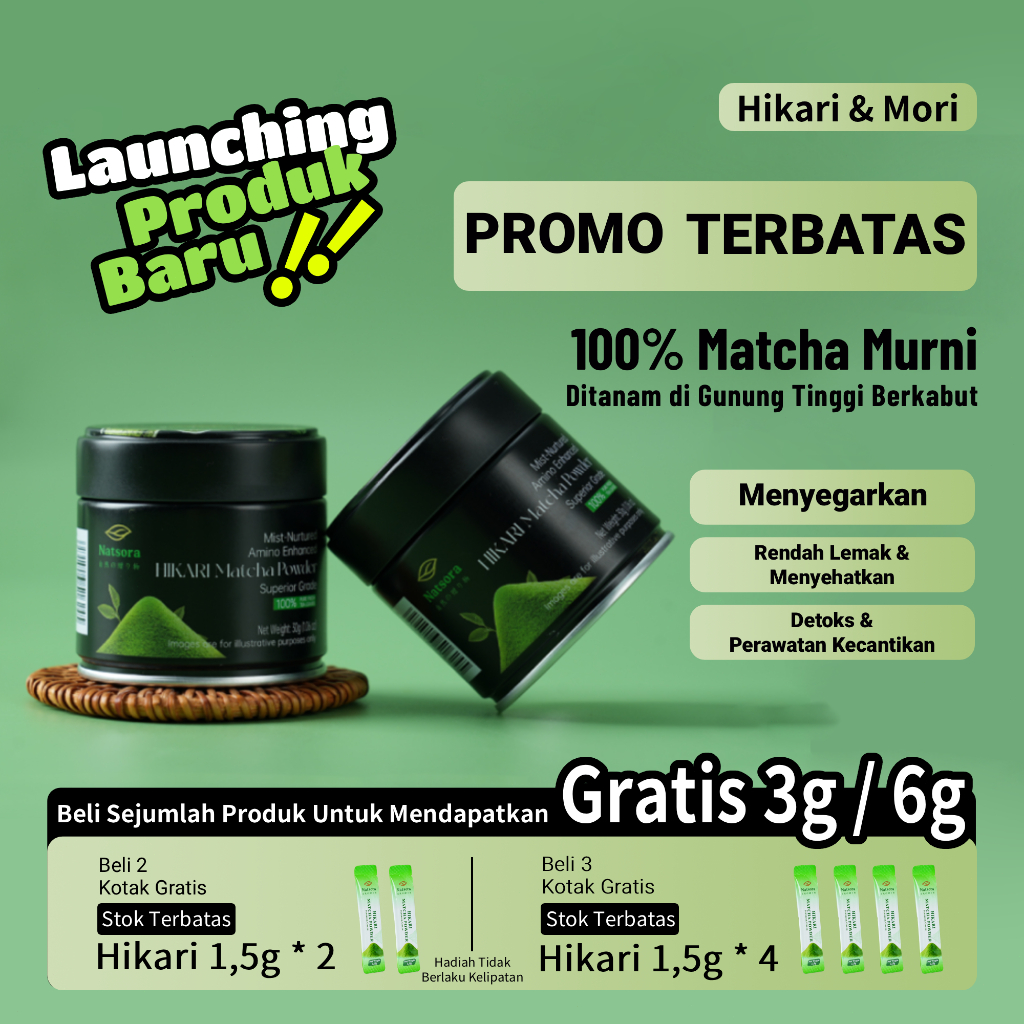 

Natsora Matcha Powder Ceremonial Grade – Bubuk Teh Hijau 100% Murni, Premium, Halus & Sehat + Bonus Hadiah Gratis