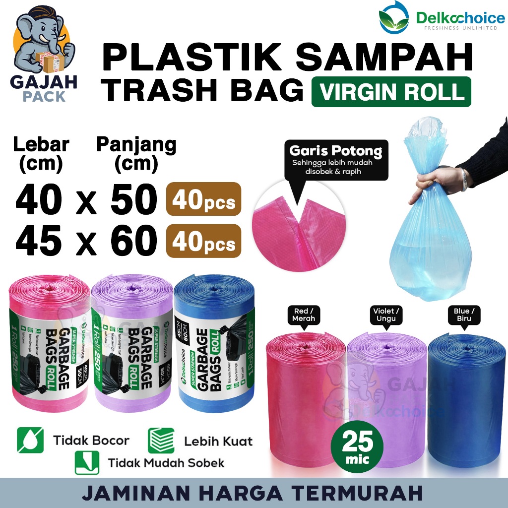 Kantong PLASTIK SAMPAH WARNA ROLL Merah Ungu Biru Trash Bag Tebal Anti Bocor Jumbo DELKOCHOICE