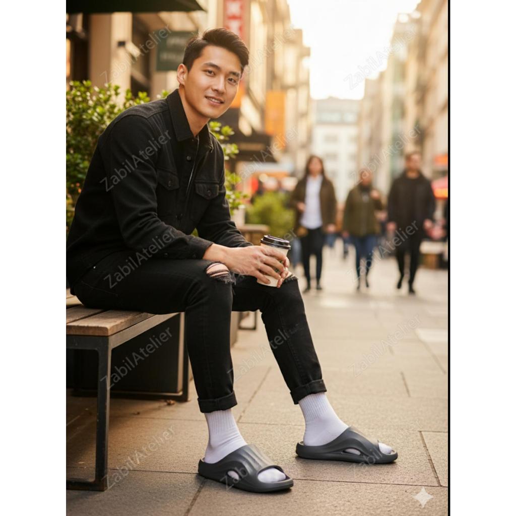 Sandal Hitam Korea Eva Karet - Sendal Slop Unisex Bahan Anti Air Empuk