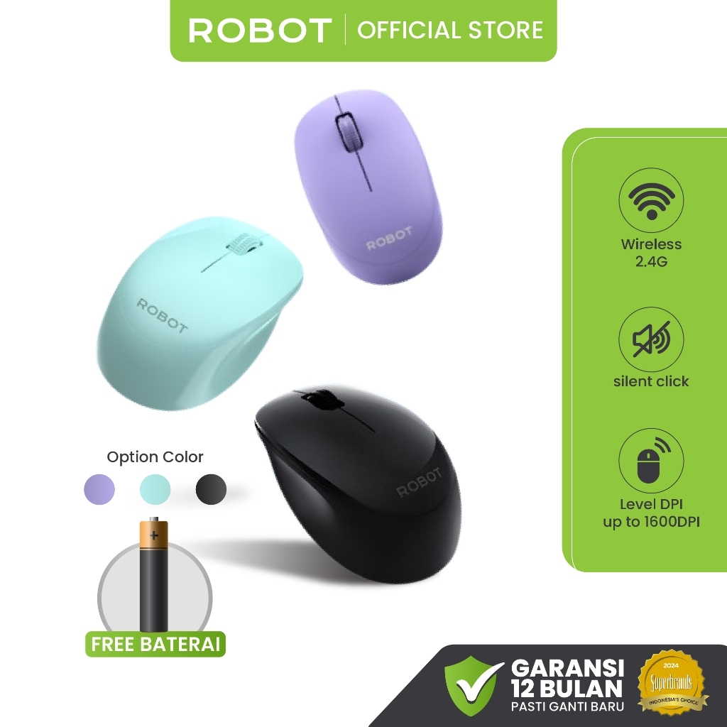 ROBOT Mouse Wireless Tanpa Kabel Silent Klik Koneksi USB 2.4G 1600DPI Nano Receiver Optical USB Untu