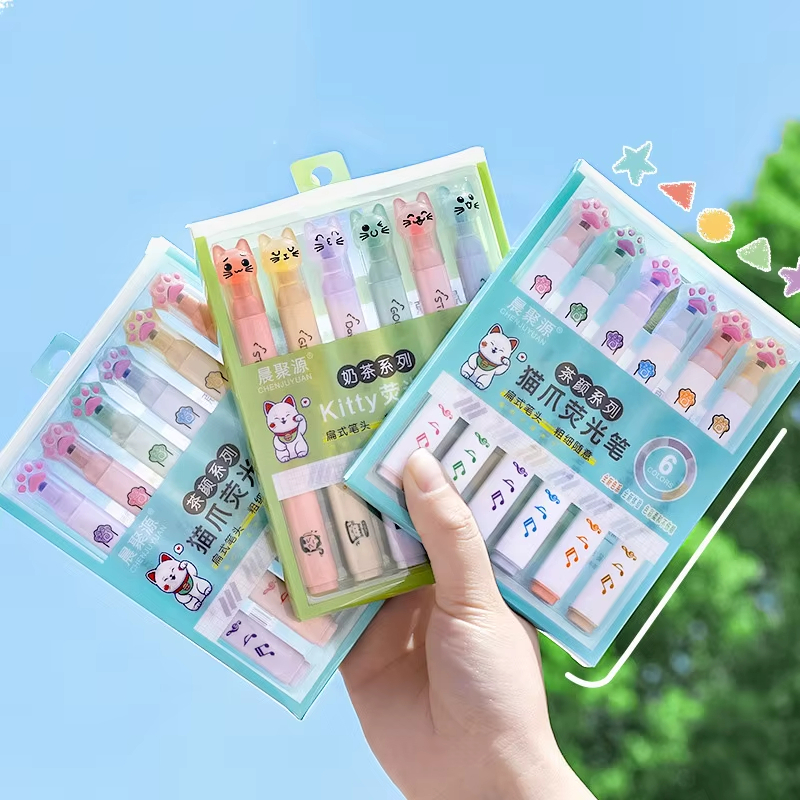 

[cod bisa] stabilo motif cat paw 1set isi 6 pcs highlighterwarna pastel cantik & imut untuk kantor / sekolah