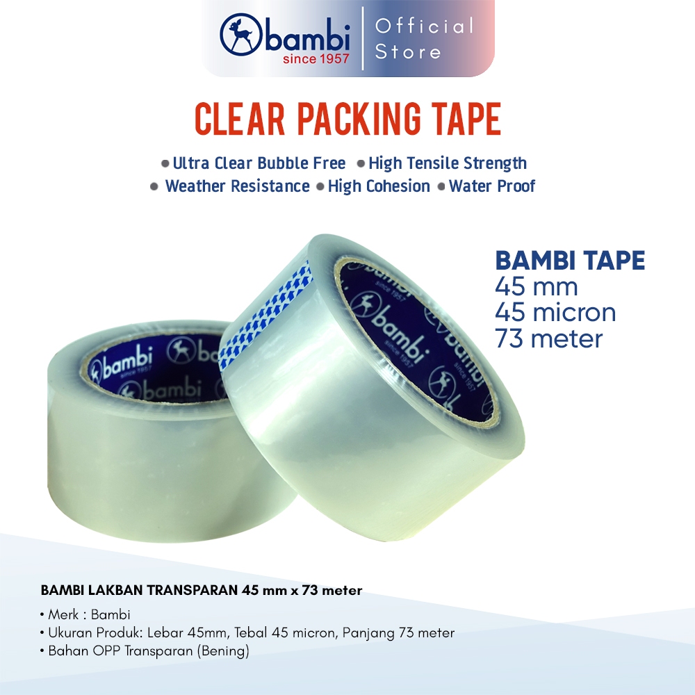 

Bambi Lakban Bening Jenis OPP Tape Lebar 45 mm Panjang 73 meter Original