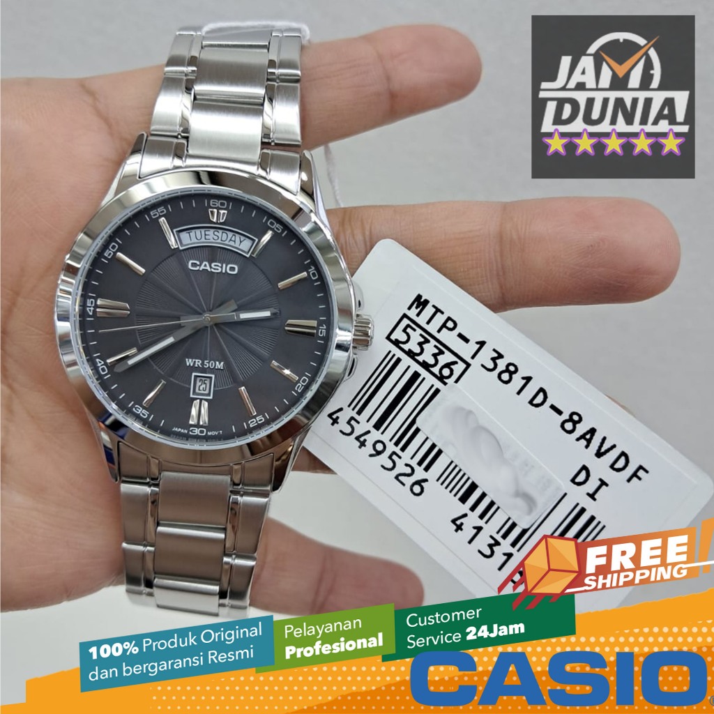 JAM TANGAN PRIA CASIO ANALOG ORIGINAL STAINLESS STEEL SILVER GREY CASIO MTP-1381D-8AVDF CASIO MTP 13