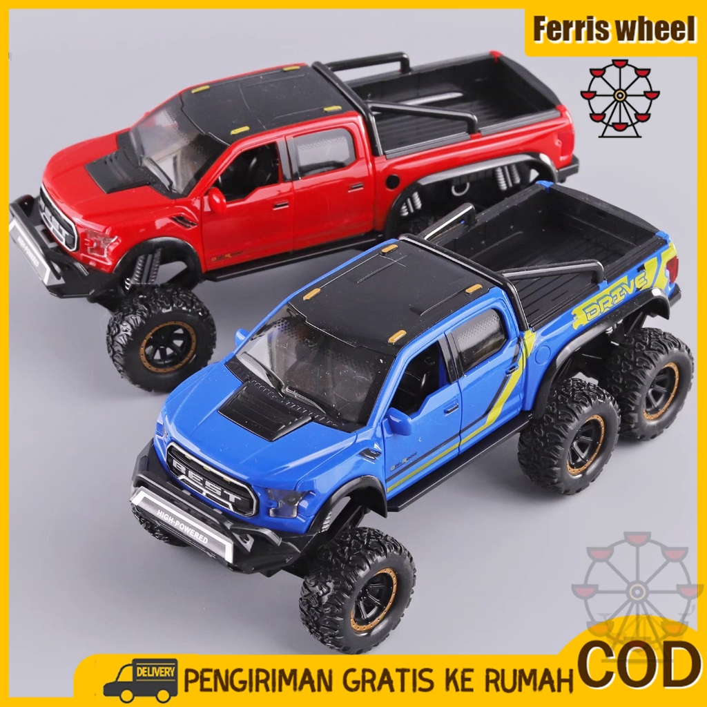 Mobil Mainan Ford Raptor Off-Road 6 Roda dengan Lampu dan Musik, Buka Pintu, Inersia