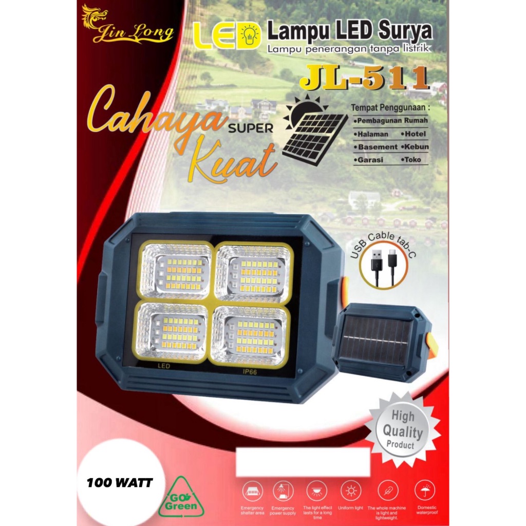 Lampu LED Tenaga Surya Jin Long JL-511 100 Watt / Lampu Sorot Tenaga Surya 100 Watt