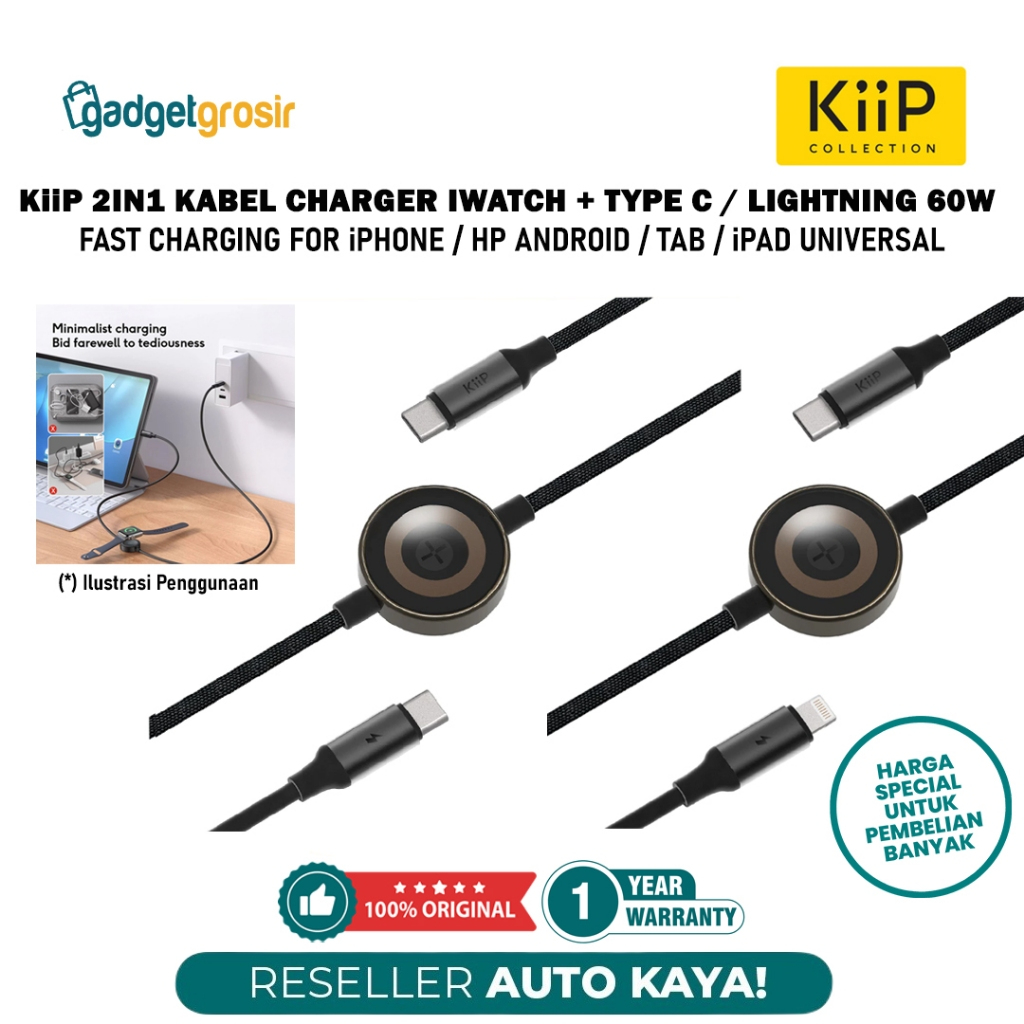 KiiP 2IN1 Kabel Data Charger Type C / Lightning iPhone 60W + iWatch Apple Watch Magnetic Charger Wir