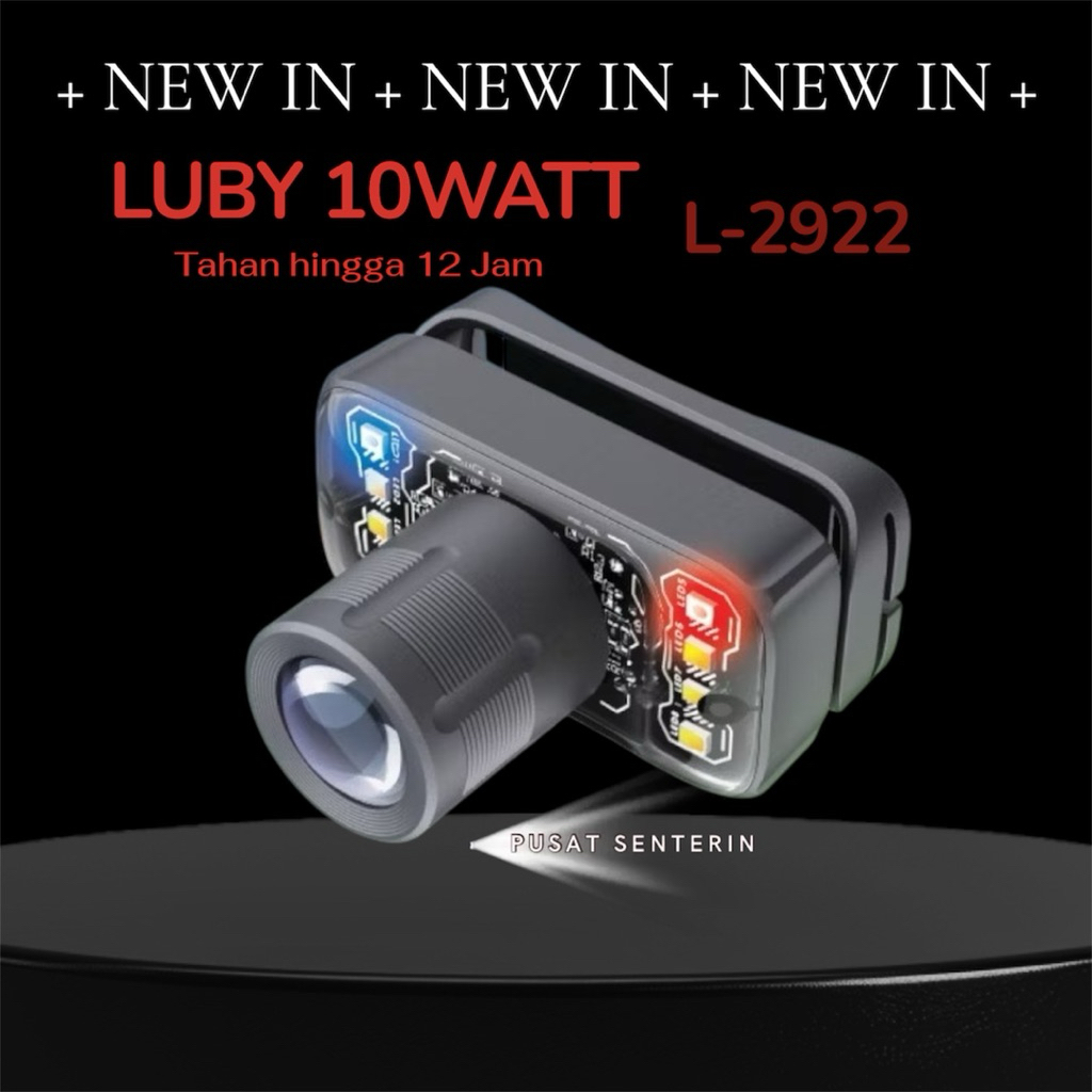SENTER KEPALA LUBY 10WATT ZOOM LED TAHAN HINGGA 12 JAM WATERPROFF 800mAh Lithium L-2922 CAHAYA PUTIH