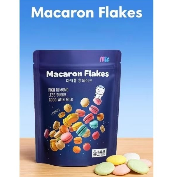 

Biskuit Macaron Flakes Macaron Shell Rendah Gula Bebas Gluten Kemasan 75 Gram