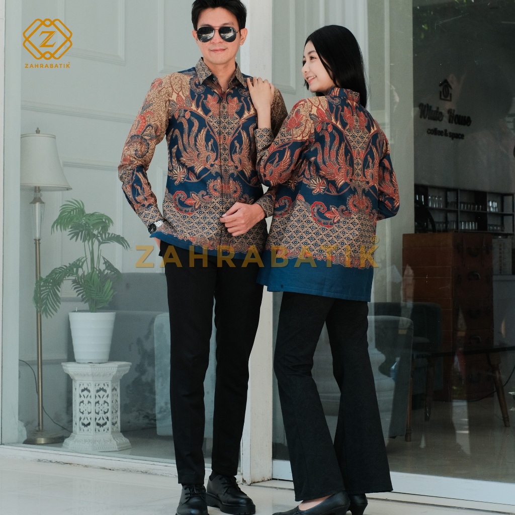 Batik Zahra-Batik Pria Lengan Panjang-Tunik Wanita-Batik Pasangan-Motif Antasena Warna Biru  kombina