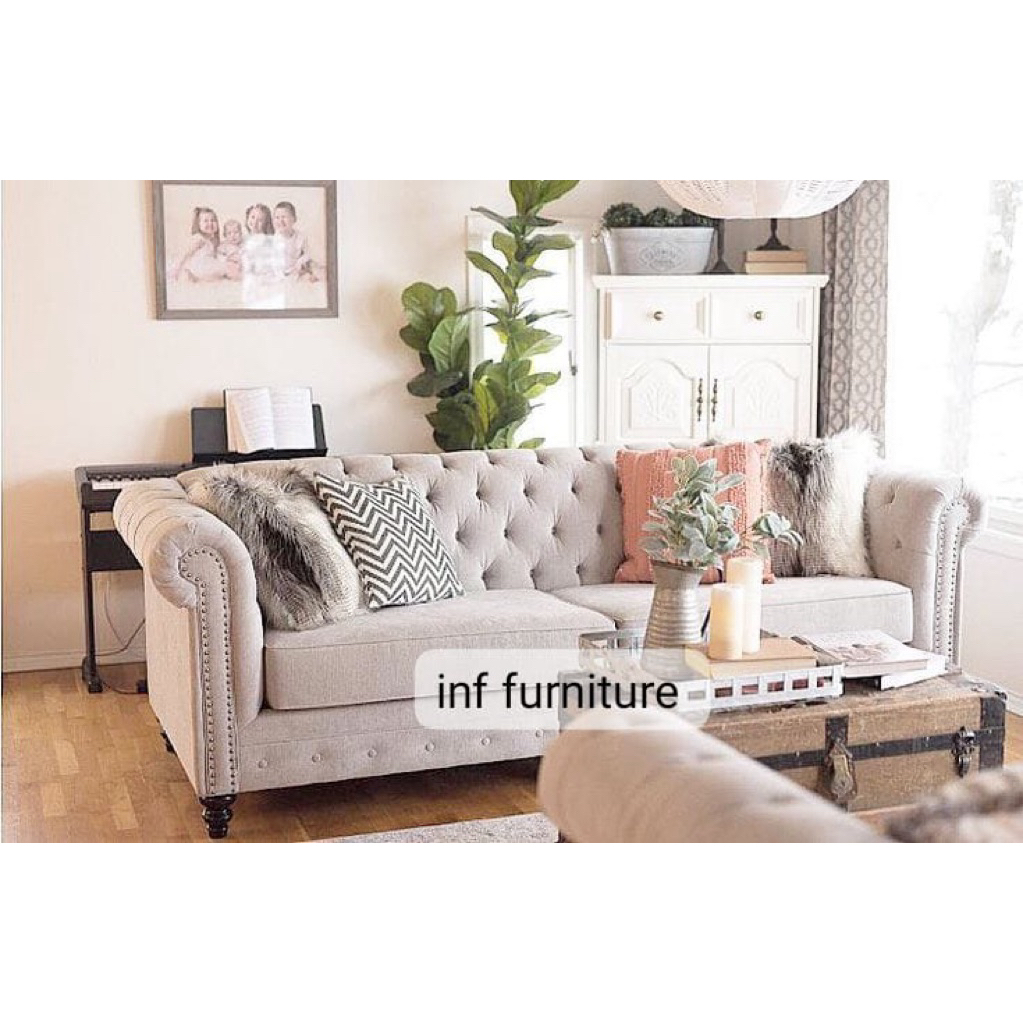 sofa chesterfield premium mewah bahan fabric import free bantal