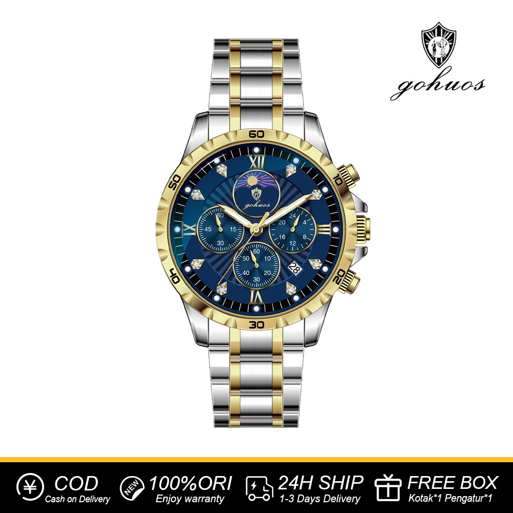 GOHUOS Jam Tangan Pria 100% Original Tahan air COWOK Kronograf Quartz Analog Laki