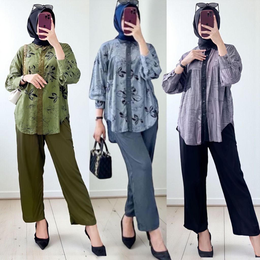 Nadine Set - One Set Wanita Kemeja Rayon Premium Setelan Baju Set Celana Panjang Kekinian LD 110 cm