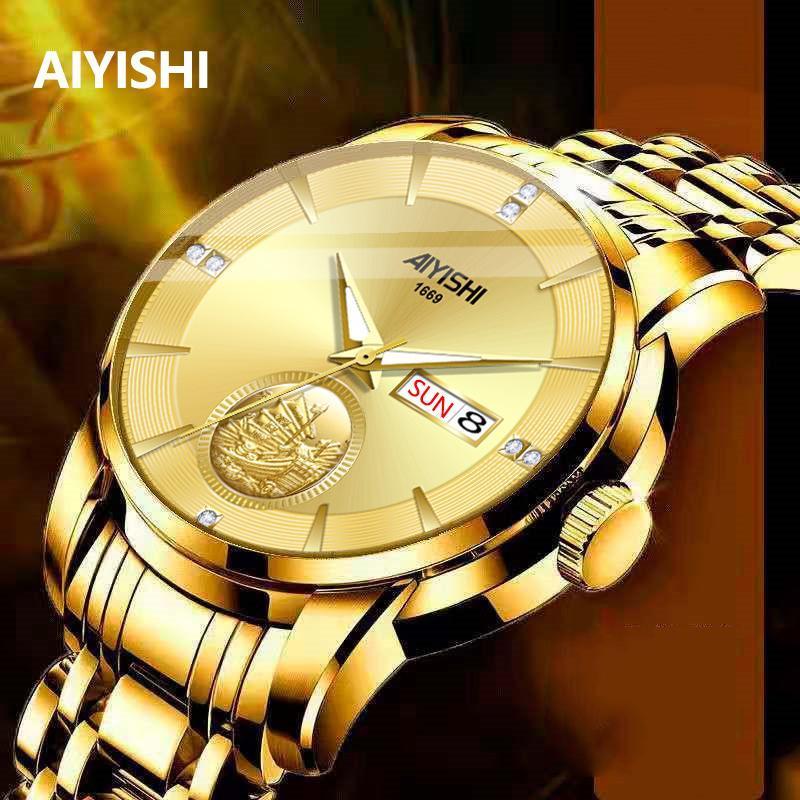 AIYISHI Fashion Golden Smooth Sailing Design Watch Automatic Quartz Watch Dual Calendar Luminescent 