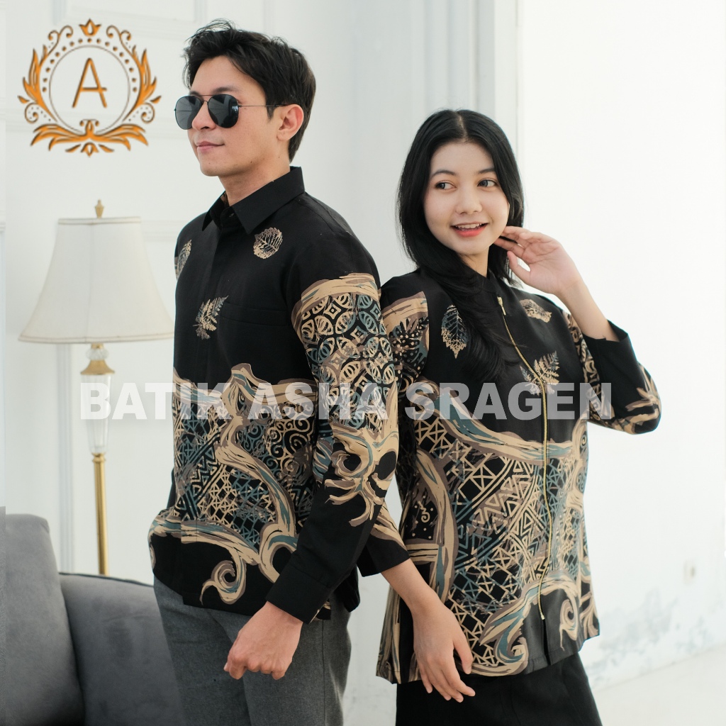 Batik Zahra-Batik Pria Lengan Panjang-Tunik Wanita-Batik Pasangan-Motif Kalpataru Warna Hitam Mint