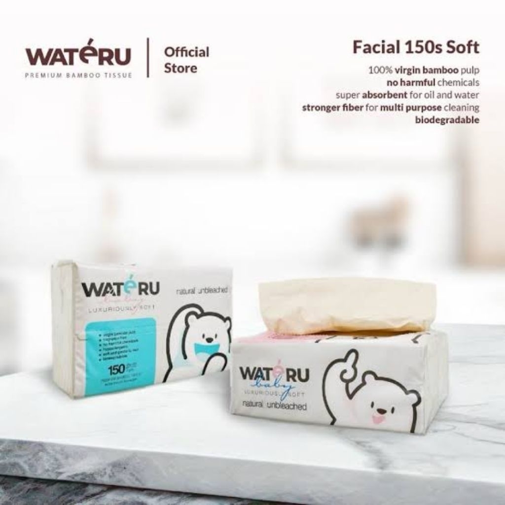 WATERU Tisu Wajah Facial Tissue Wateru Tissue Bambu Bamboo Tissue 150 sheets 3ply natural & unbleach