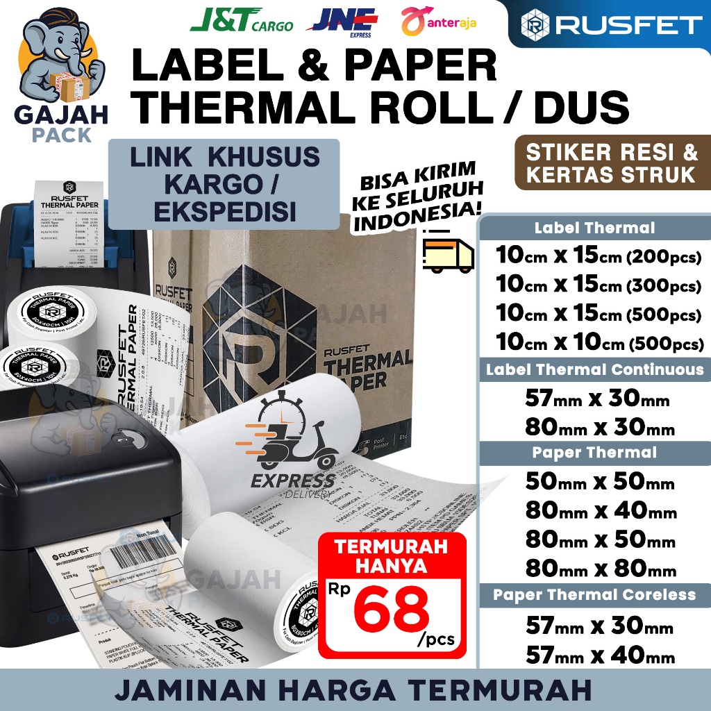 

Sticker Thermal Paper Label Kertas Printer Resi Online Shop Struk Kasir Stiker Barcode Termurah RUSFET / DUS KARGO