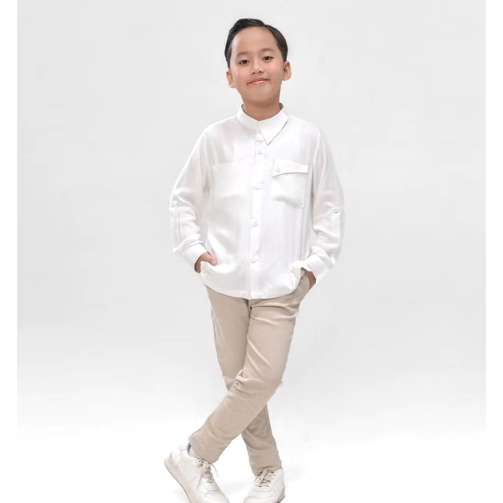Rabbani-Kemeja koko anak lengan panjang putih Akasha