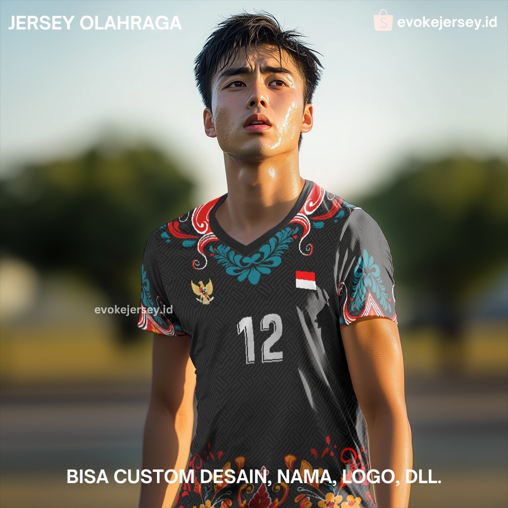 Kaos Jersey Volly Hitam Merah Kuning Tosca Motif Batik 423