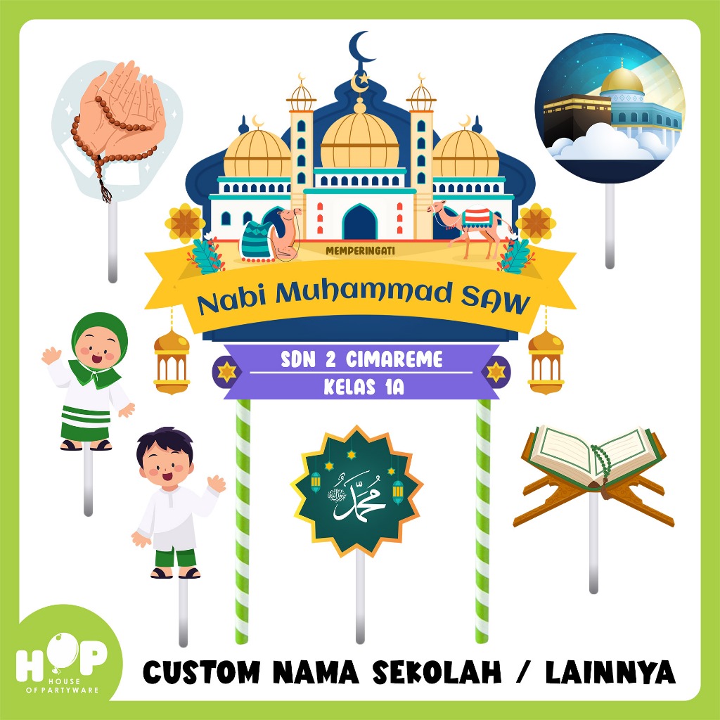 Topper Tumpeng Kue Nabi Muhammad SAW + Custom Nama Sekolah / Lainnya