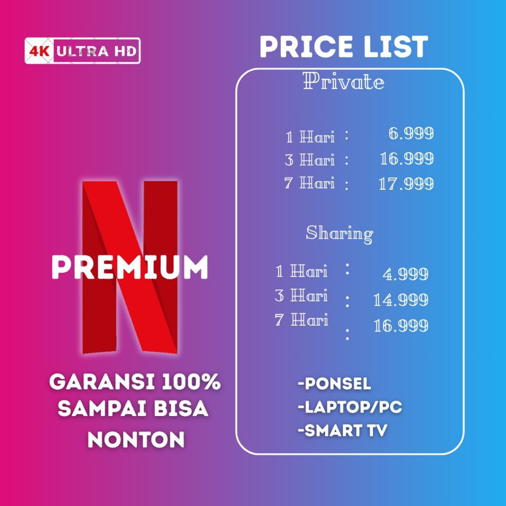 Netflix Prem Ultra HD Bulanan legal bergaransi