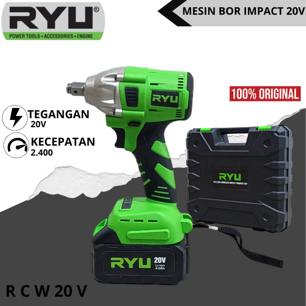 RYU Mesin Cordless Impact Wrench 20 Volt RCW 20V Bor Batre Batrai Brushless Alat Pembuka Baut Ban Mo