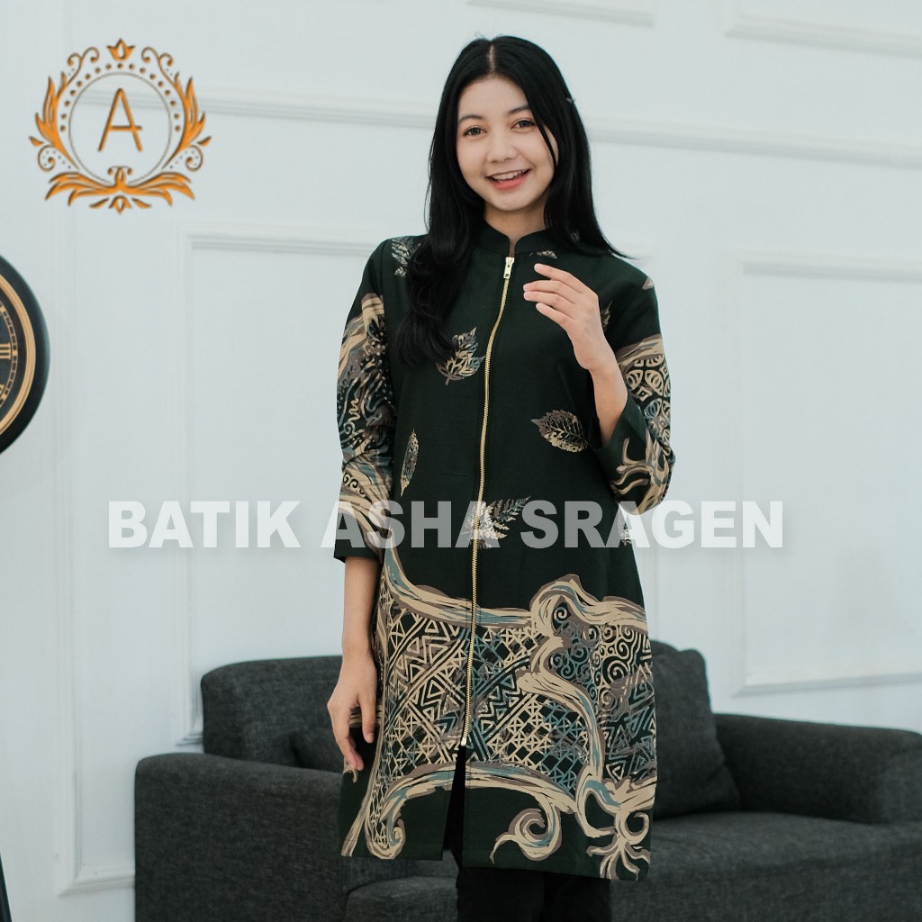 Batik Zahra-Tunik Wanita-Motif Kalpataru Warna Hijau Army