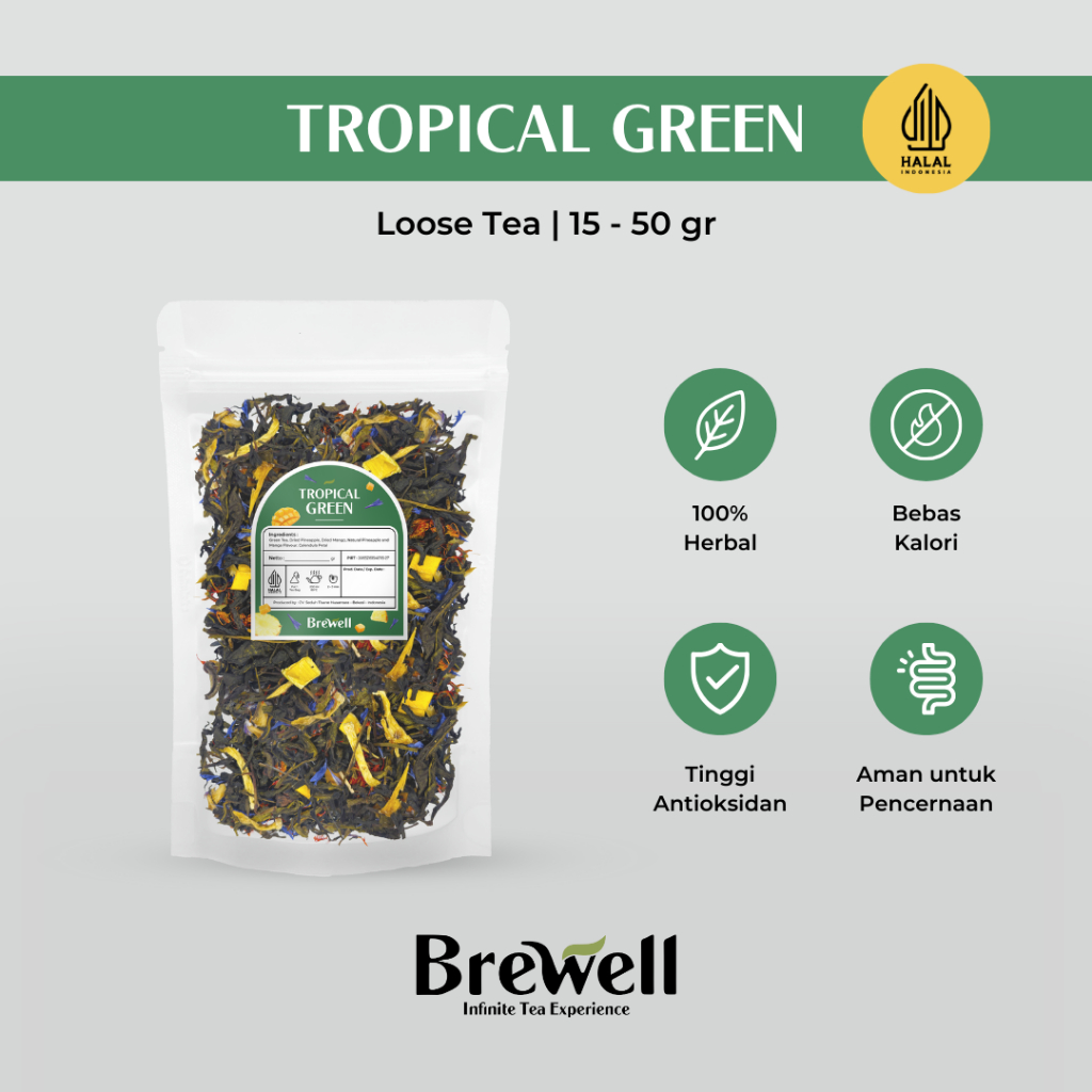

[BREWELL] Tropical Green Tea Bag 15gr - 50gr | Campuran Teh Hijau, Nanas, Mangga, Calendula | Teh Herbal Premium