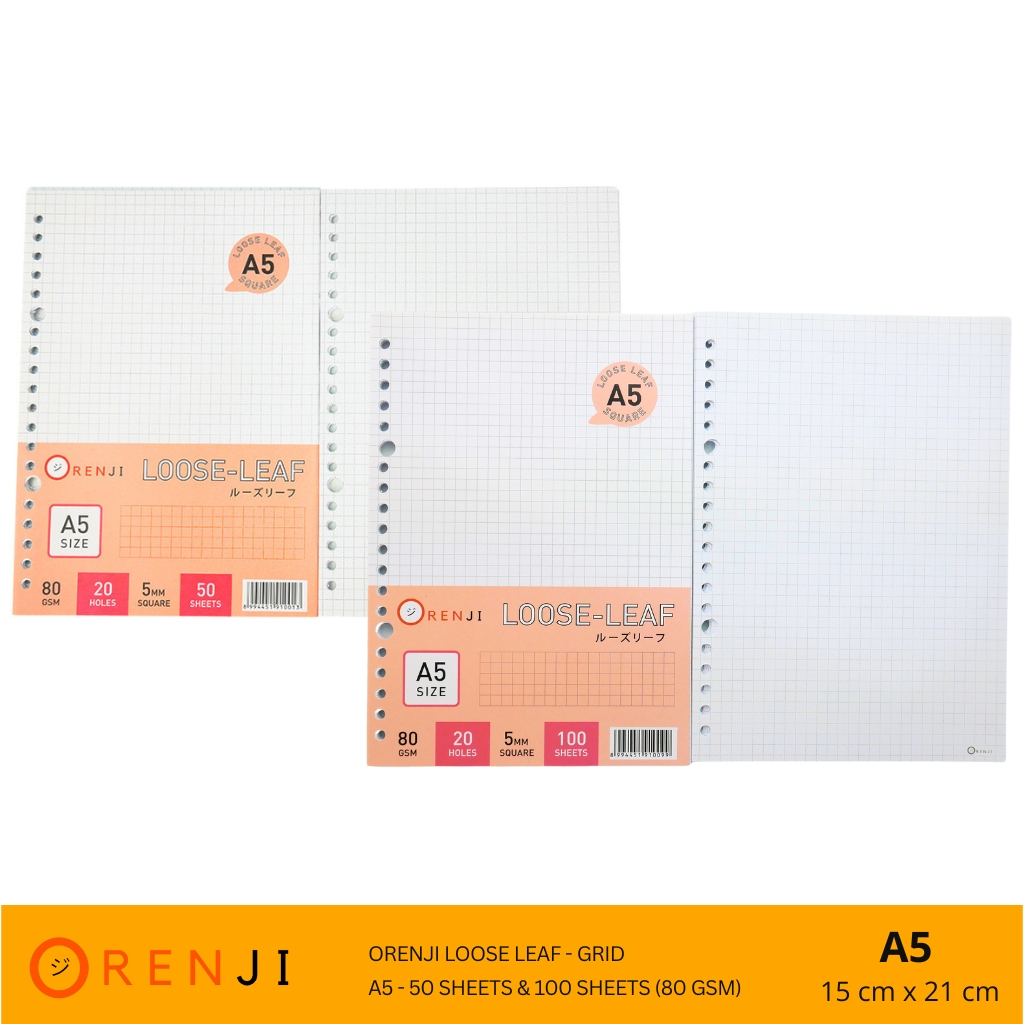 

Orenji Loose Leaf Grid A5 - 50Lembar dan 100Lembar - 20 Lubang - Kertas Binder Ukuran 15cm x 21cm - 80GSM