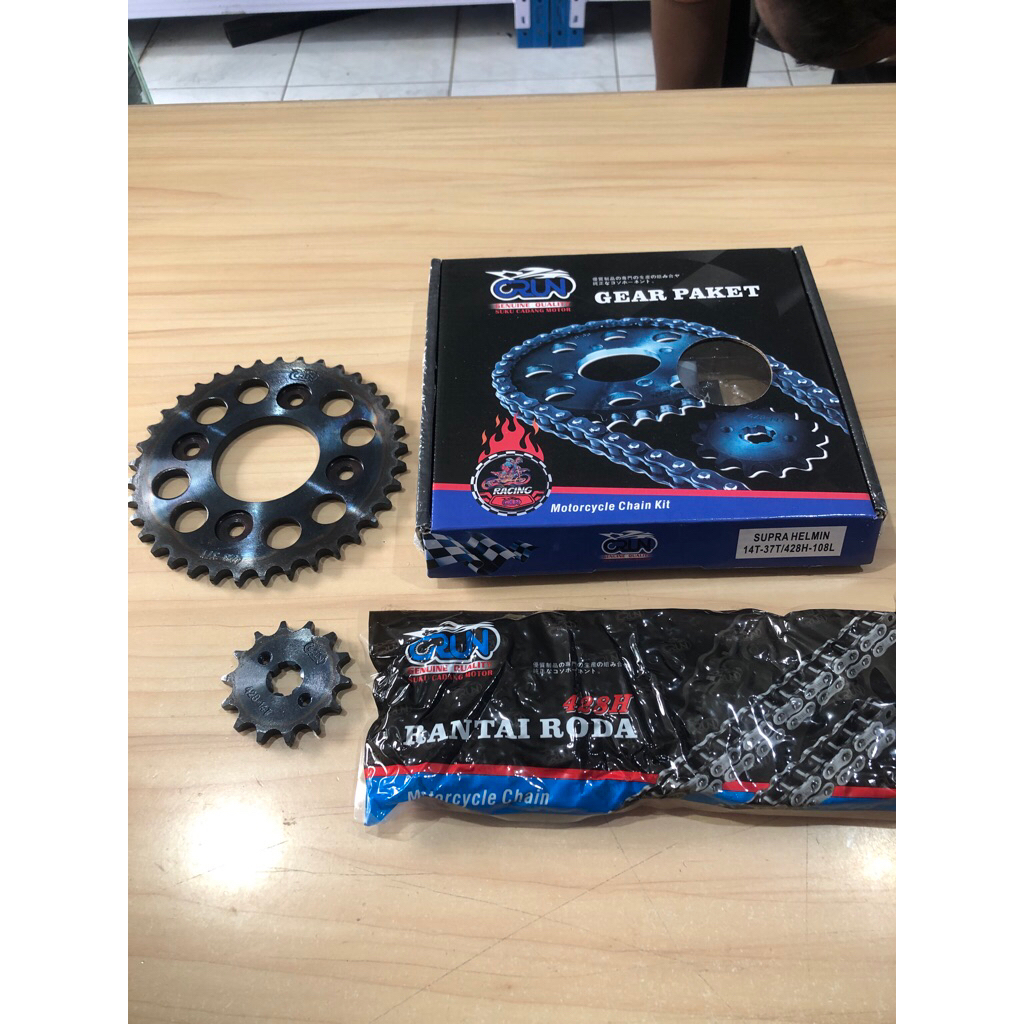 Crun GearSet RACING Supra Helm In KYZ / Gear Gir Set Paket 14T-37T 428-108L Supra X 125 New Fi / Ori