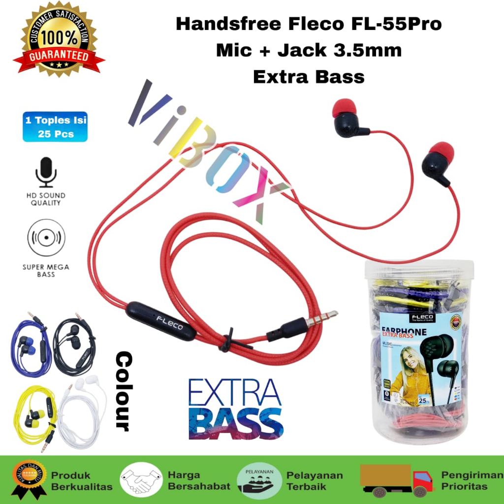 (isi 25pc) Handsfree Toples Fleco FL-55 Earphone Stereo Headset Handsfree SuperBass Murah Original G