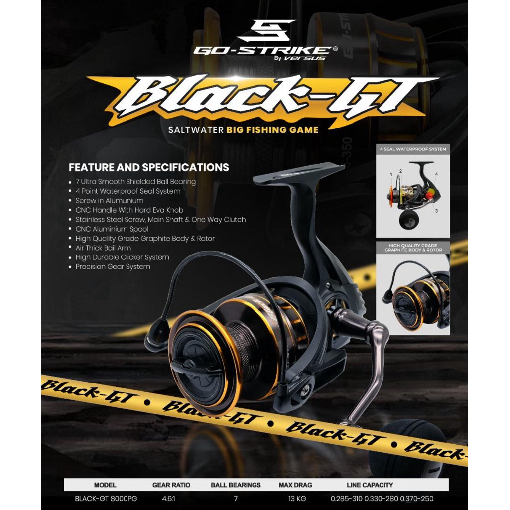 Reel Power Handle 8000 Black-GT Go Strike Versus, SW Ratio. 4:6:1 , 7 Ultra smooth Ball Bearing