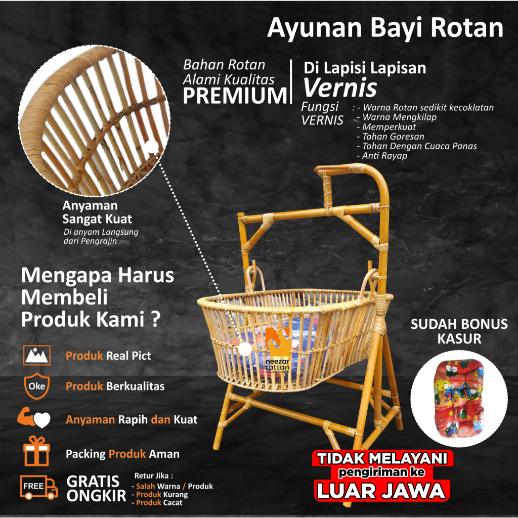 Ayunan Bayi Rotan Goyang, Ayunan Anak Baby, Ayunan minimalis estetik tempat Tidur Bayi baru lahir