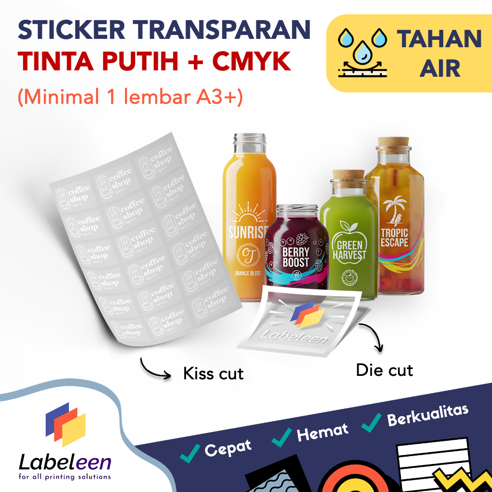 

Cetak Sticker Transparan White Ink A3+ + CMYK | Print Stiker Tinta Putih Custom