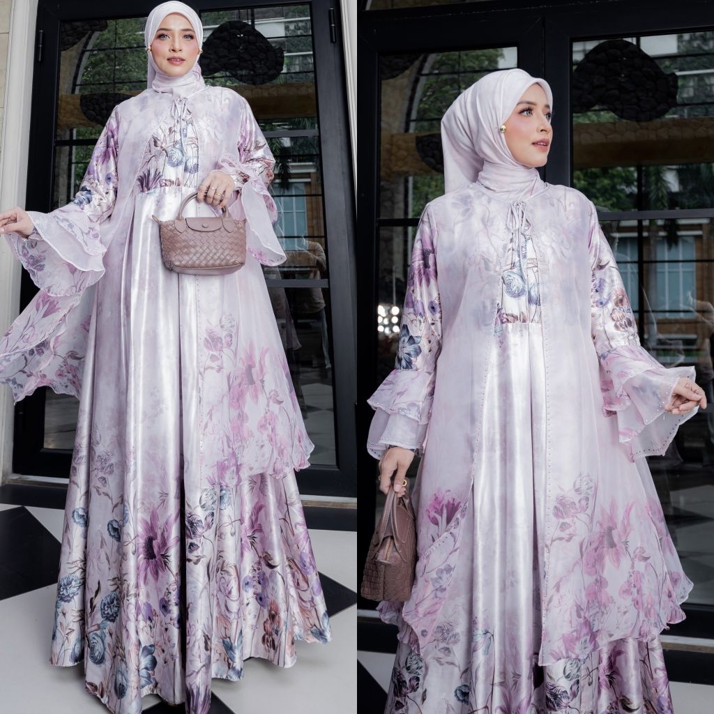 LIMITED RIZKIYA BY HUMAIRA D'MECCA SYARI GAMIS ARMANY SILK PRINTING OUTER CARDI ORGANZA SET HIJAB