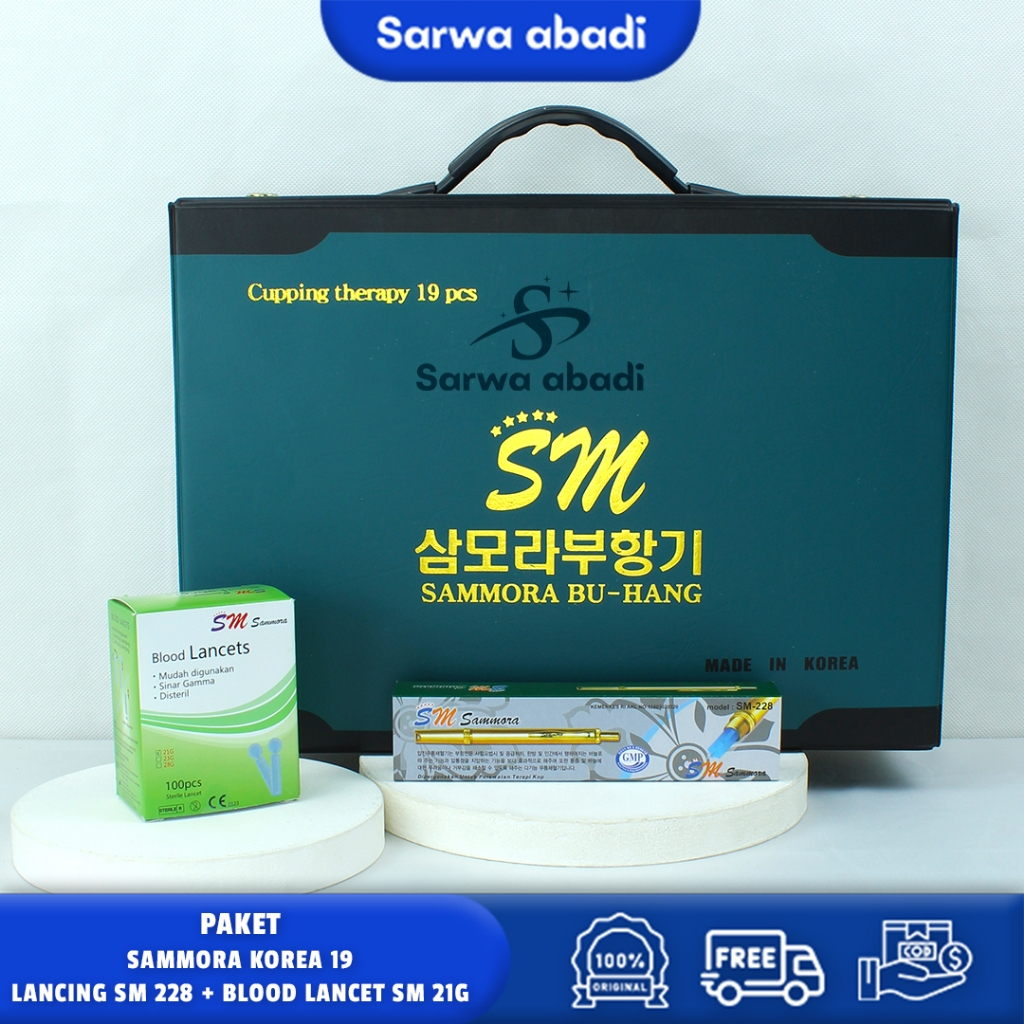 Paket Alat Bekam SM Biru Isi 19 + Lancing Gold Sammora SM228 + Blood Lancet Sammora BL21G SM