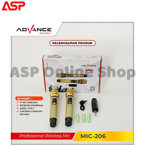 ADVANCE MIC 206 MIC206 MIC-206 Mik Mic Microphone Double Wireless Tanpa Kabel Gold Baterai Cas Charg