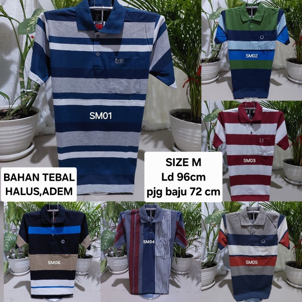 007 - Kaos kerah pria salur size M, kaos Salur  bahan katun dingin