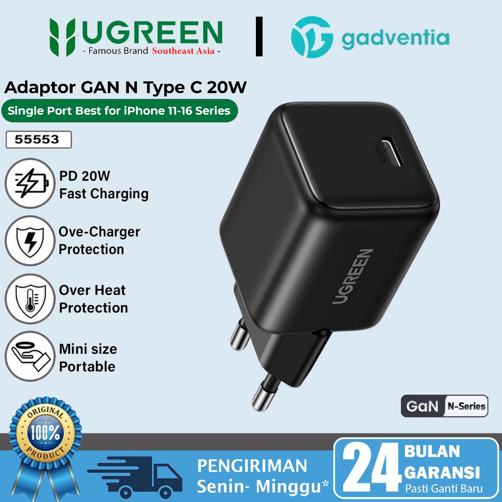 UGREEN Kepala Charger Adaptor Type C  iPhone 15 16 Plus Pro Max Adapter Fast Charging PD 20W 25W 30W