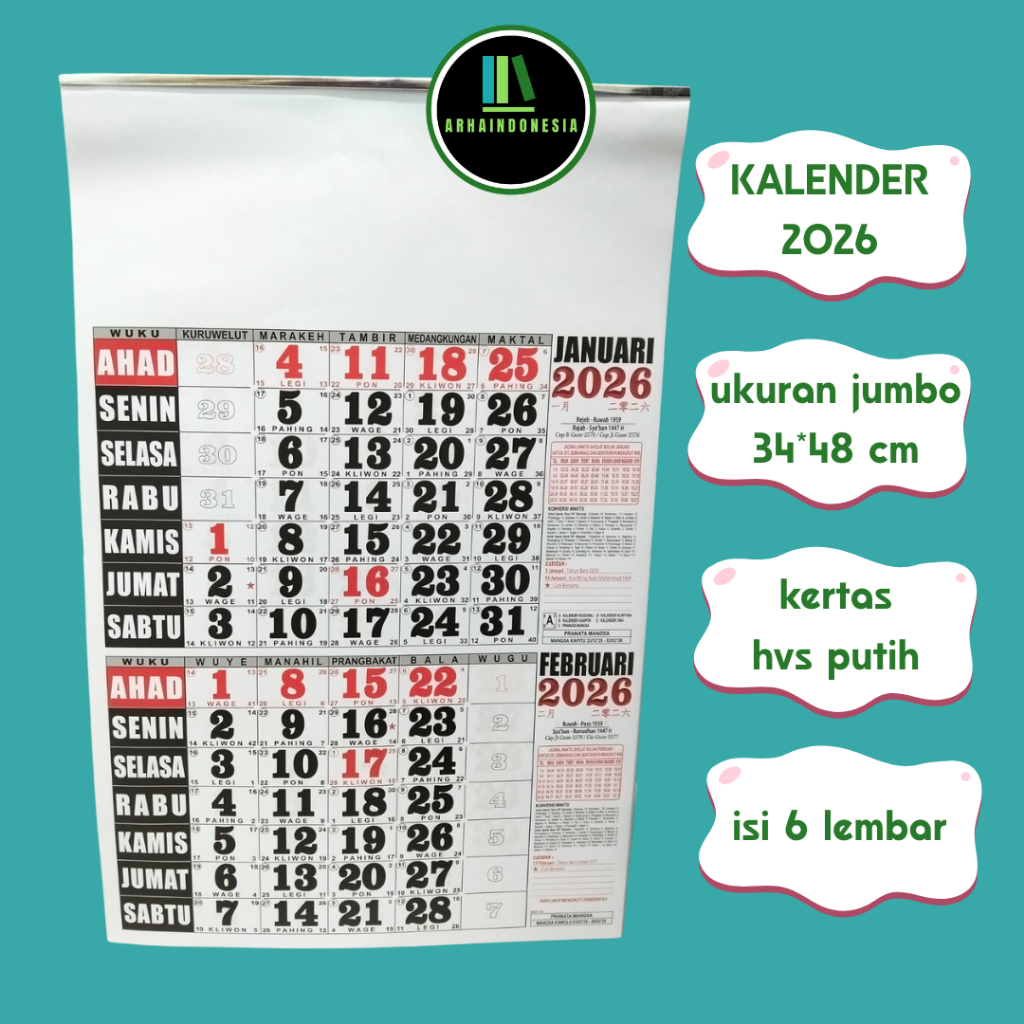 

KALENDER DINDING (ecer) 2 bulanan isi 6 lembar ukuran 32*48 cm