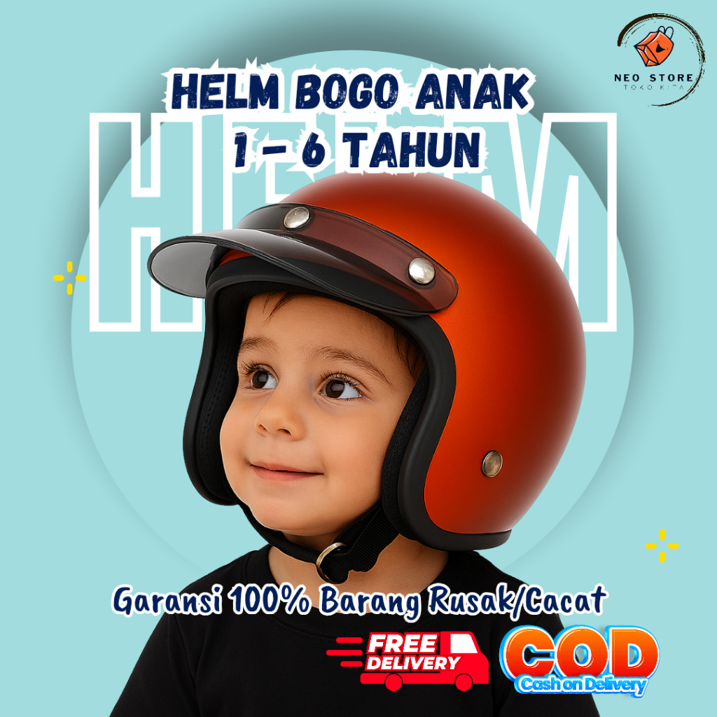 Helm Anak Bogo Retro Original SNI 1–6 Tahun – Helm Motor Balita Lucu Cowok Cewek, Nyaman Dipakai Har