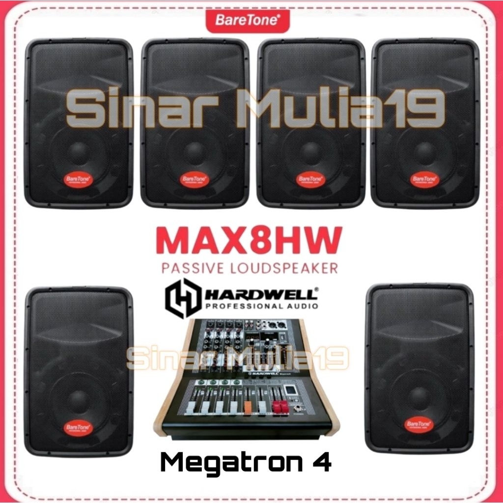 Paket Sound System Cafe 6 Unit Speaker 8 Inch BareTone MAX08HW Power Mixer Hardwell Megatron 4 Origi