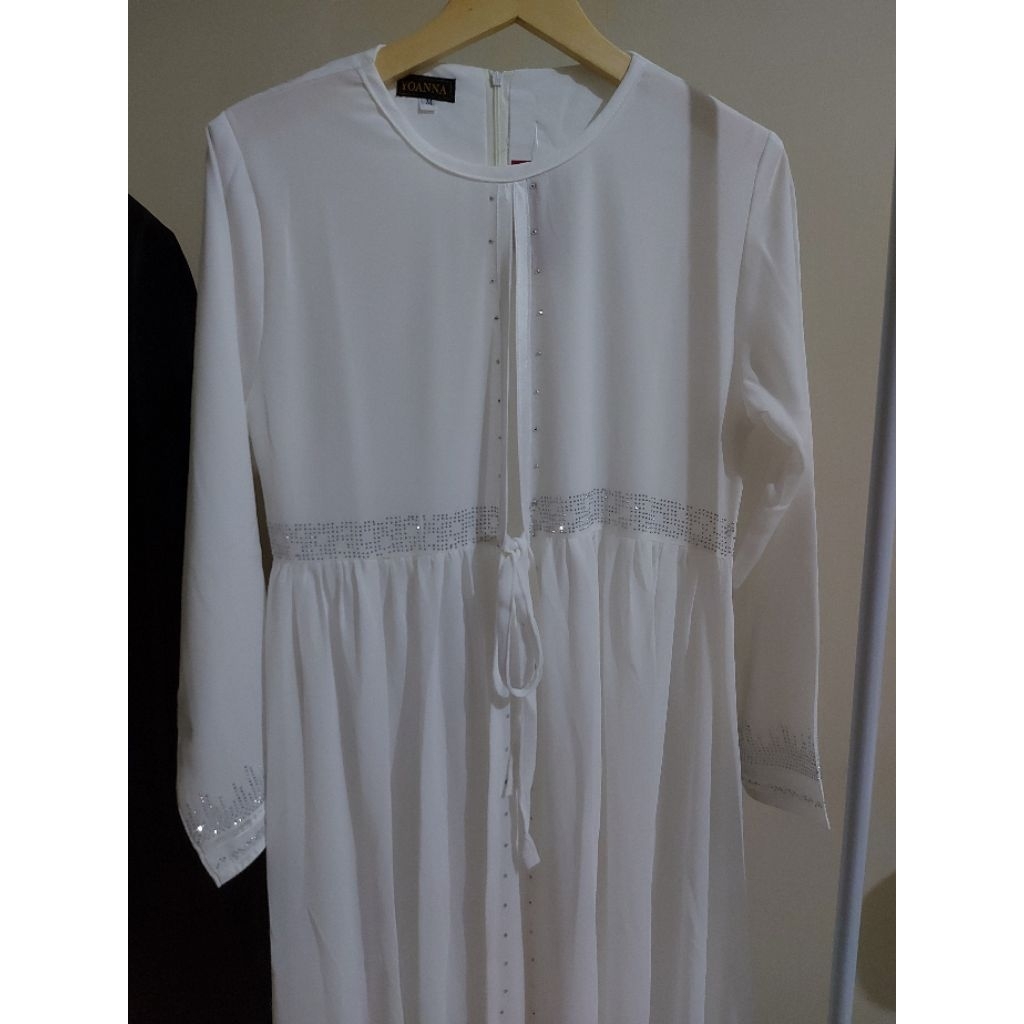 ABAYA RAHMI - Abaya Putih Turkey Layla Bahan Wollypeach mix Ceruty Rompi Elegan Flowy & Anggun