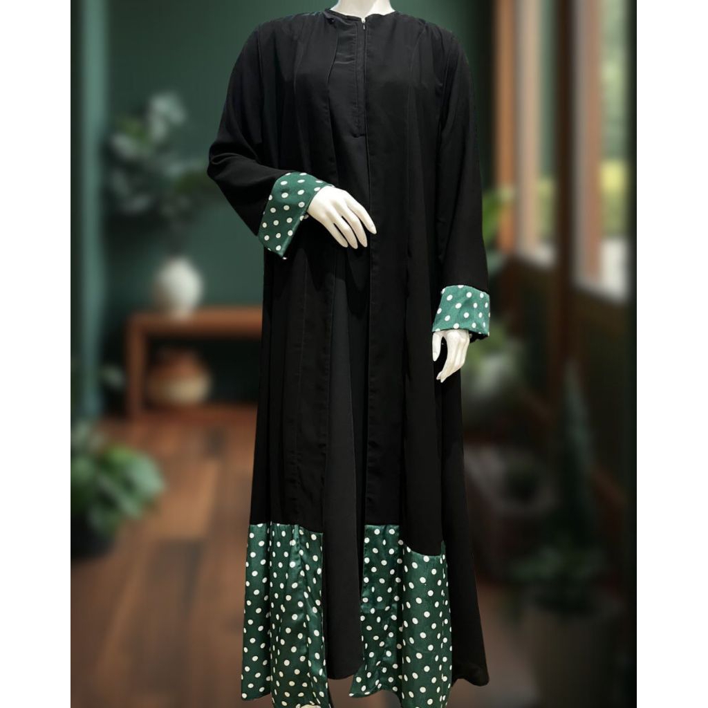 outer abaya hitam premium polkadot hijau emerald