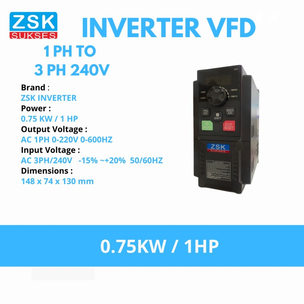 Inverter ZSK VFD / Elektronik VFD / Frequency Converter 0.75 KW Input 1 Phase Output 3 Phase 220V